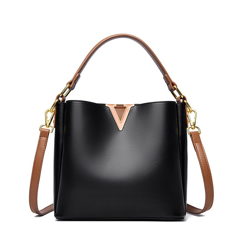 Structured V-Emblem Bucket Bag