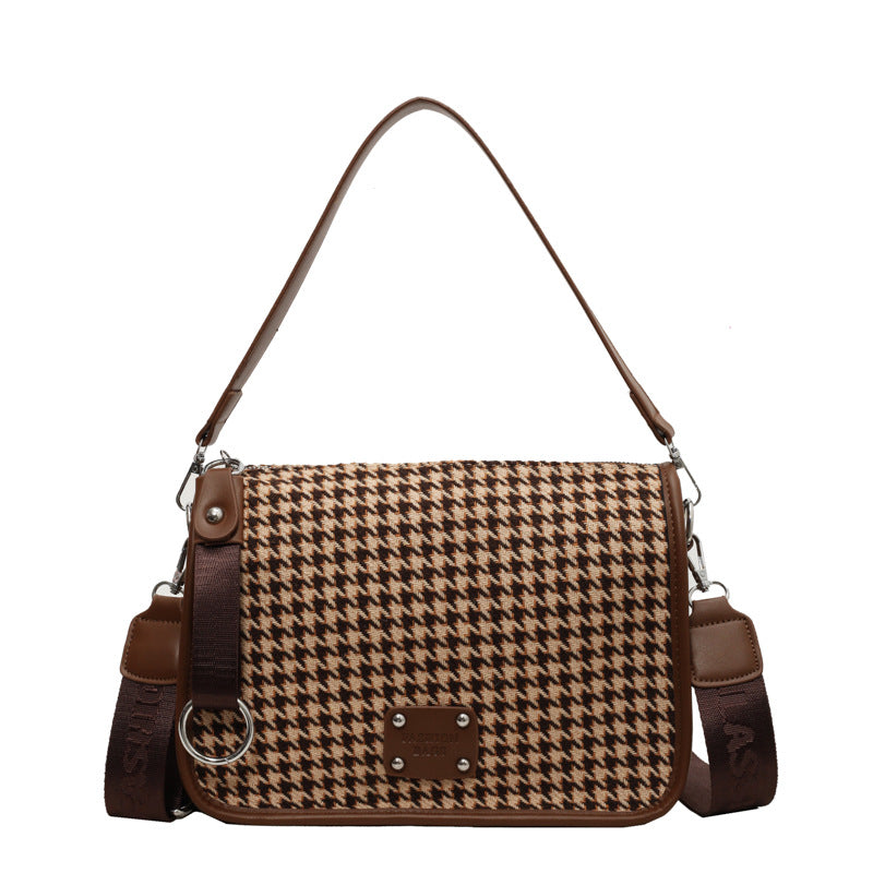 Houndstooth Woolen Wide Strap Pillow Shoulder Bag