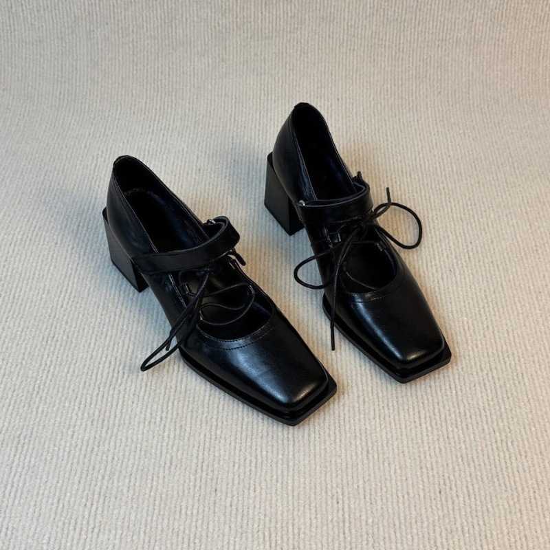 Noir Lace-Up Block Heel Pumps