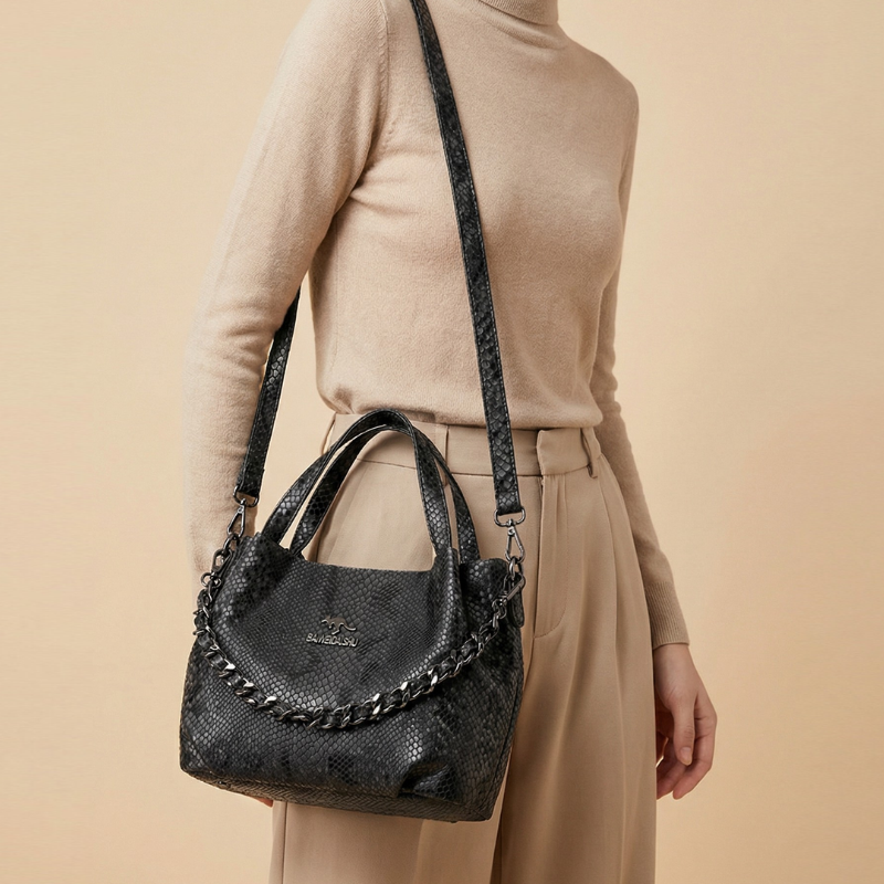 Pleat Chain Genuine Leather Handbag
