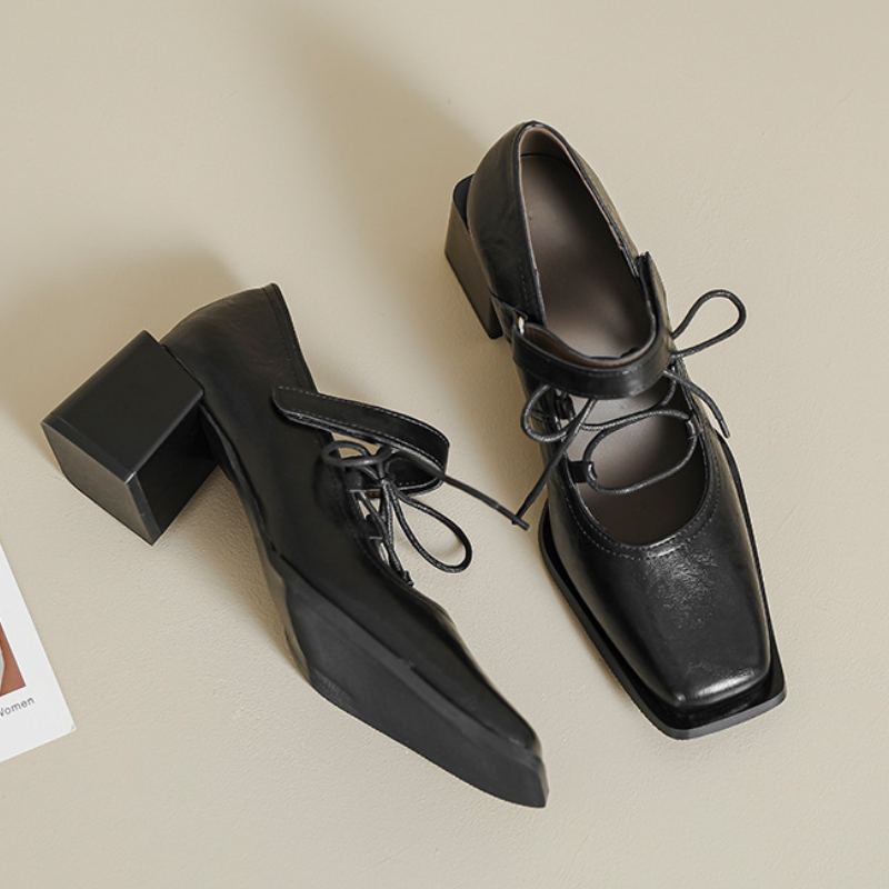 Noir Lace-Up Block Heel Pumps