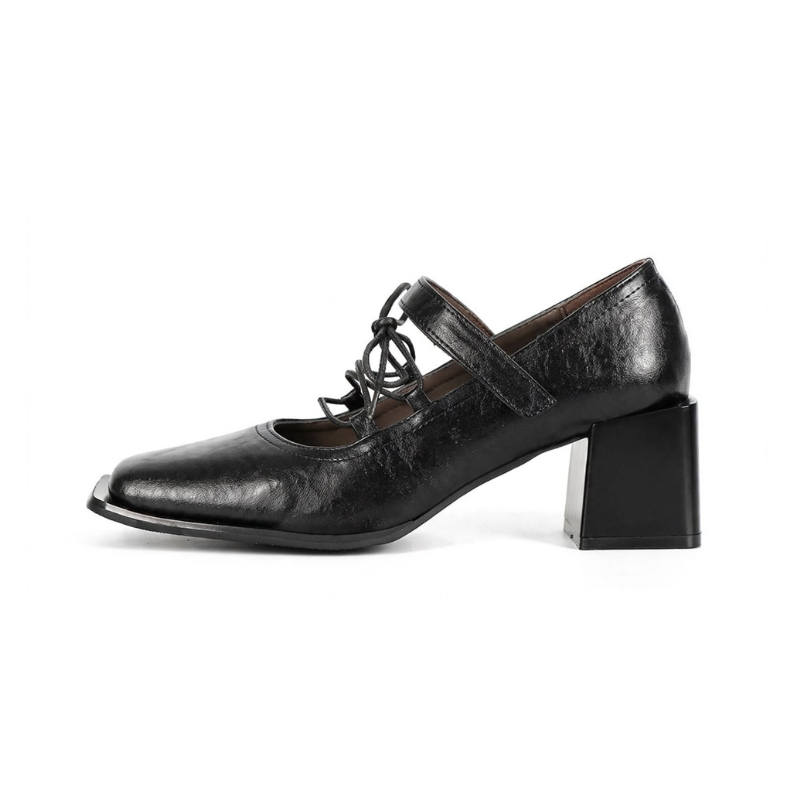 Noir Lace-Up Block Heel Pumps