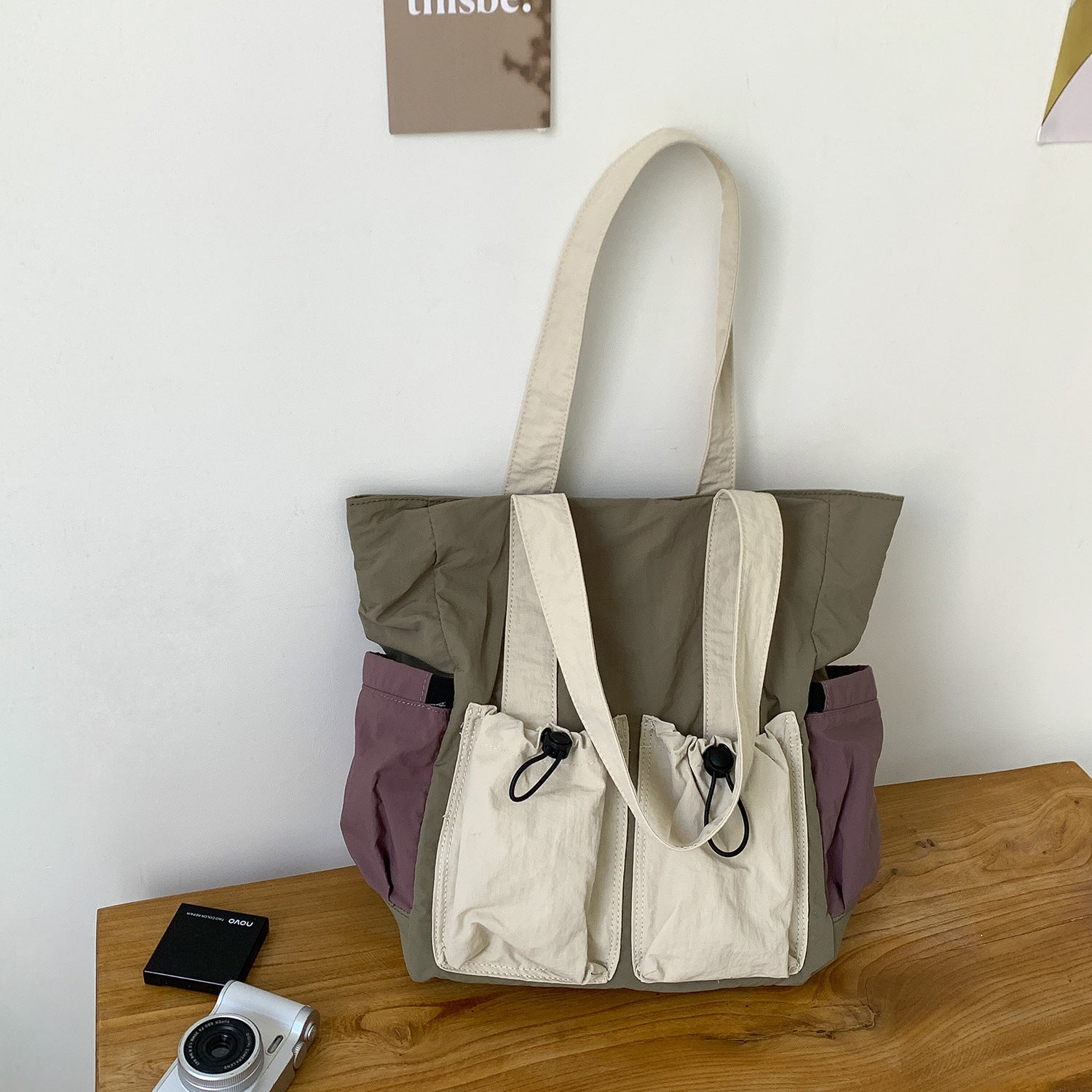Color Block Multi Pocket Tote Bag