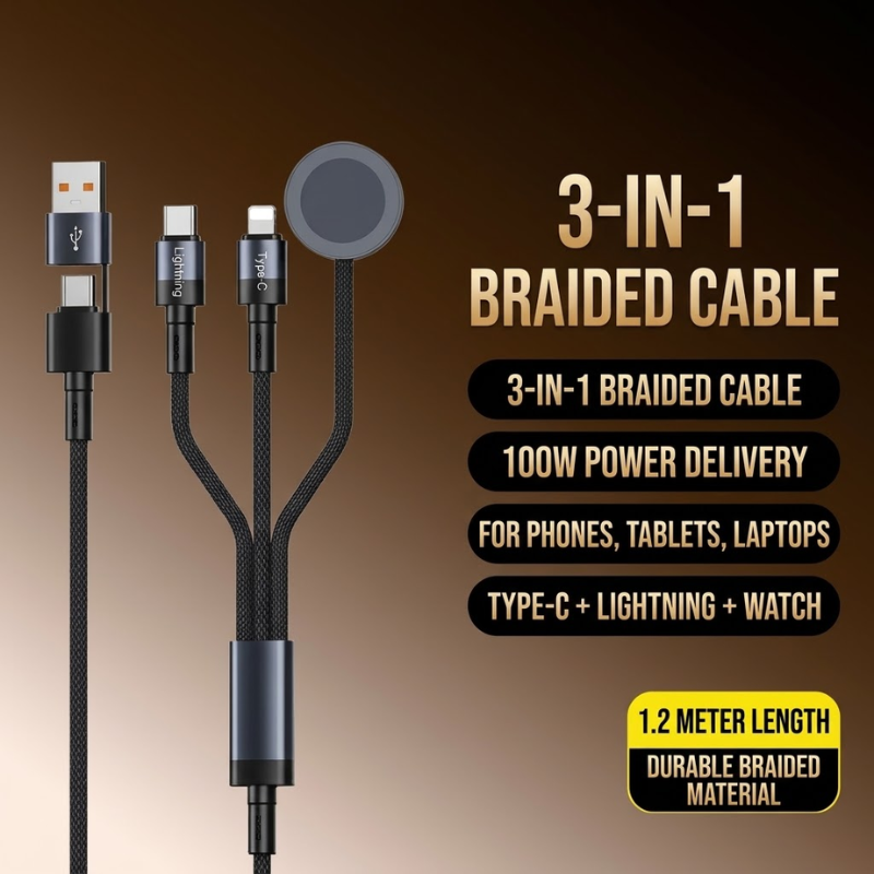 Tri Charge 100W 3-in-1 Charging Cable
