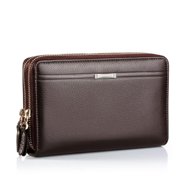 Men's Double Zipper PU Leather Business Clutch Wallet