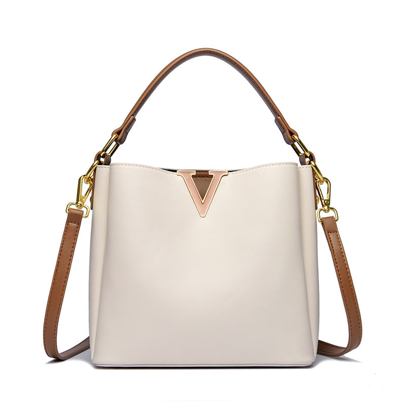 Structured V-Emblem Bucket Bag