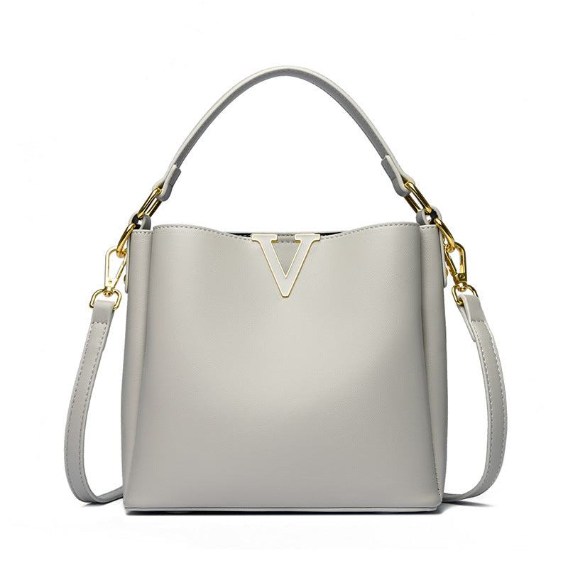 Structured V-Emblem Bucket Bag