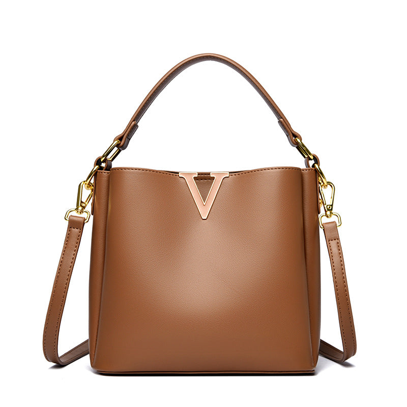Structured V-Emblem Bucket Bag