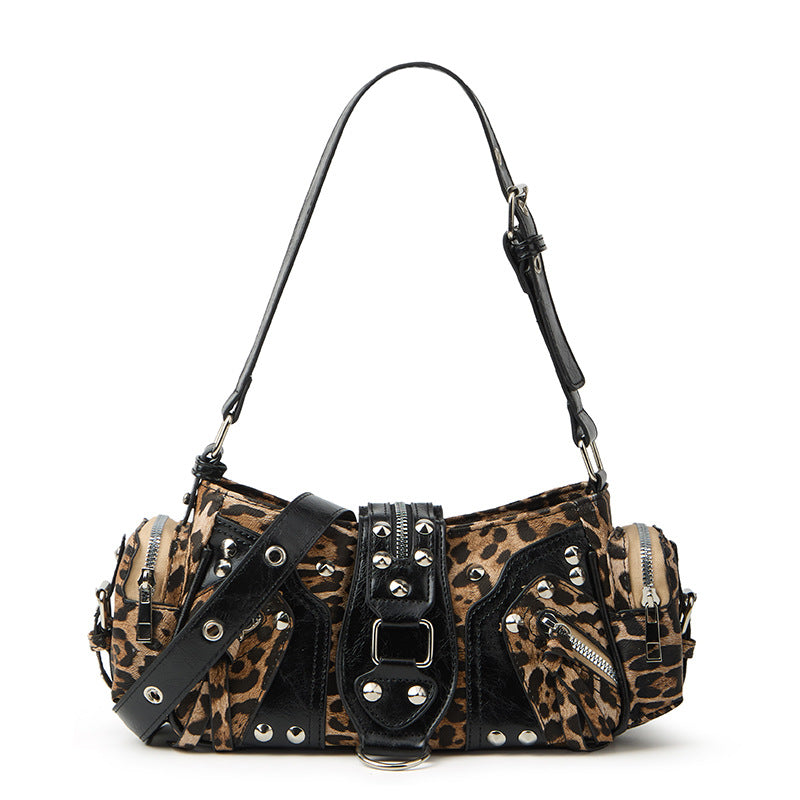 Leopard Studded Buckle Shoulder Bag