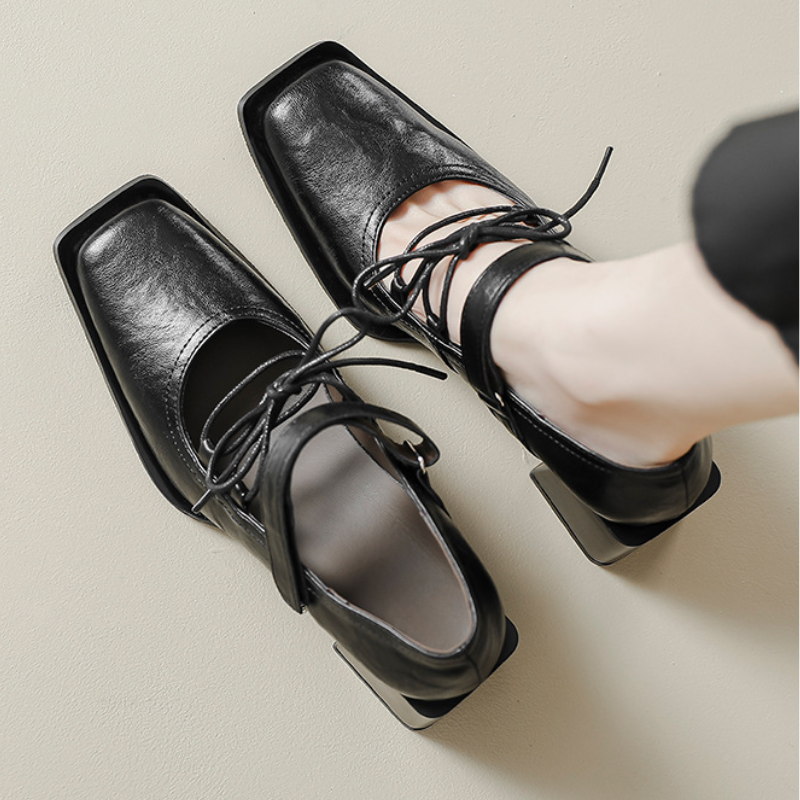Noir Lace-Up Block Heel Pumps