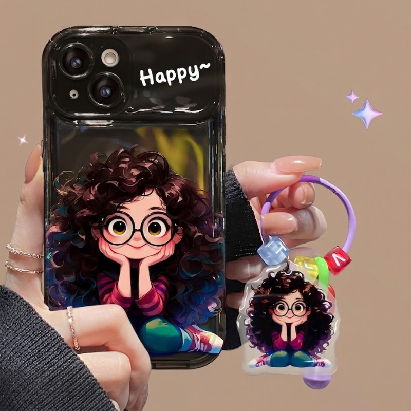 Frizzy Glasses Girl Pendant Flip Mirror Phone Case
