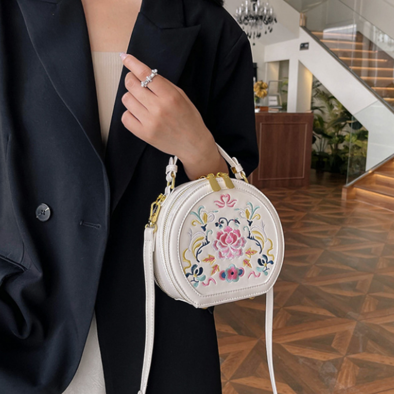 Floral Embroidery Round Handbag