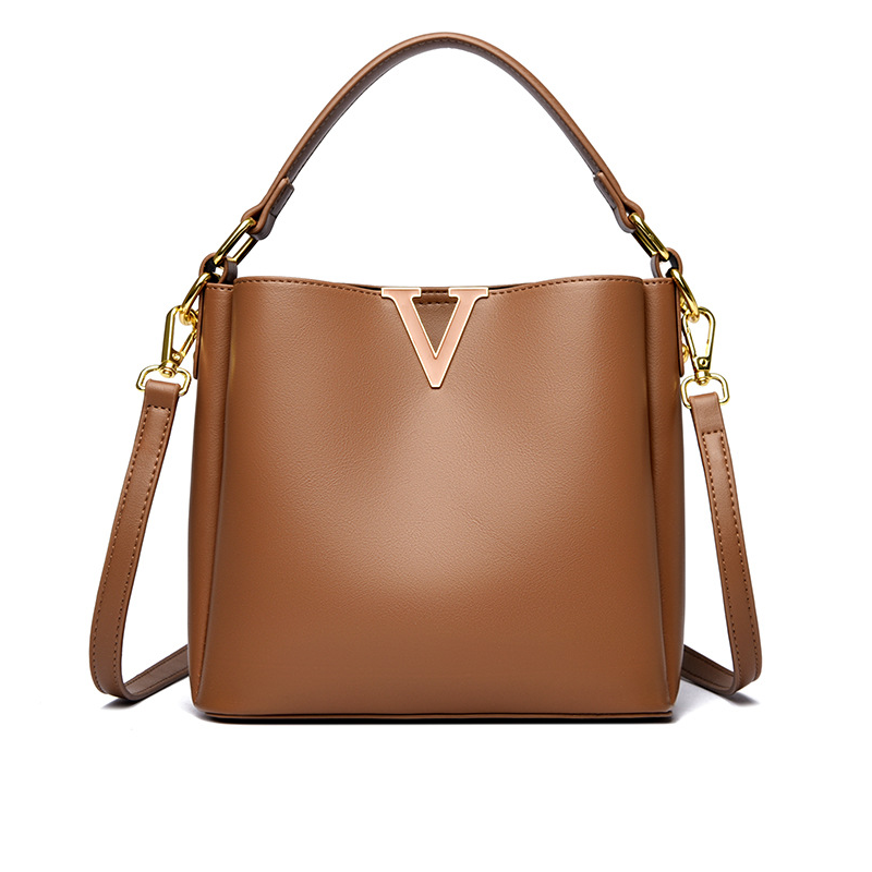 Structured V-Emblem Bucket Bag